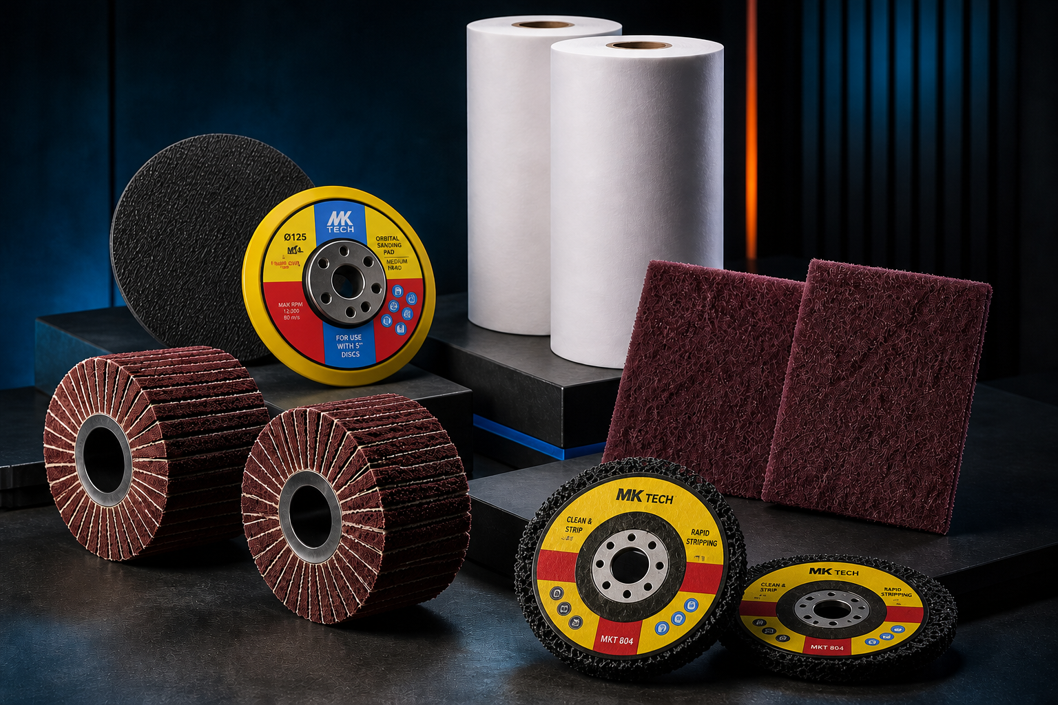 MKTECH industrial finishing products with authentic orbital-pad and Poly Strip labels